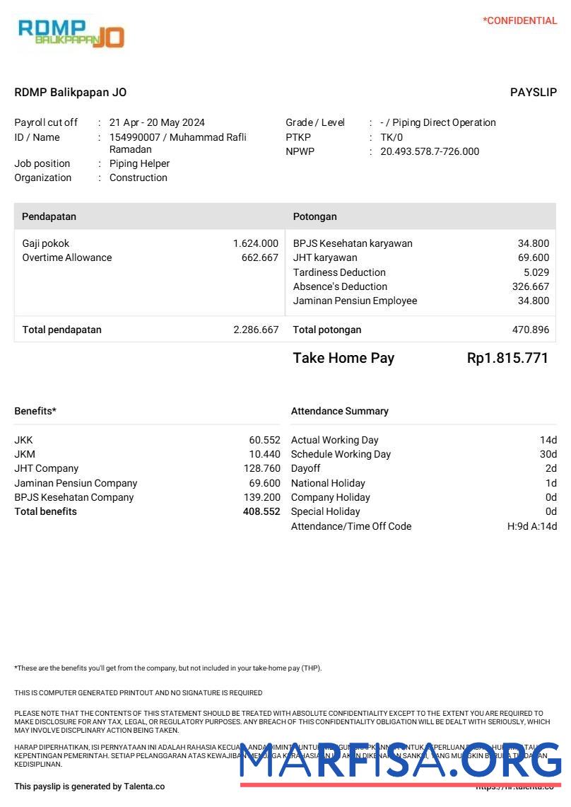 Downloadable RDMP Balikpapan JO construction company payslip sample